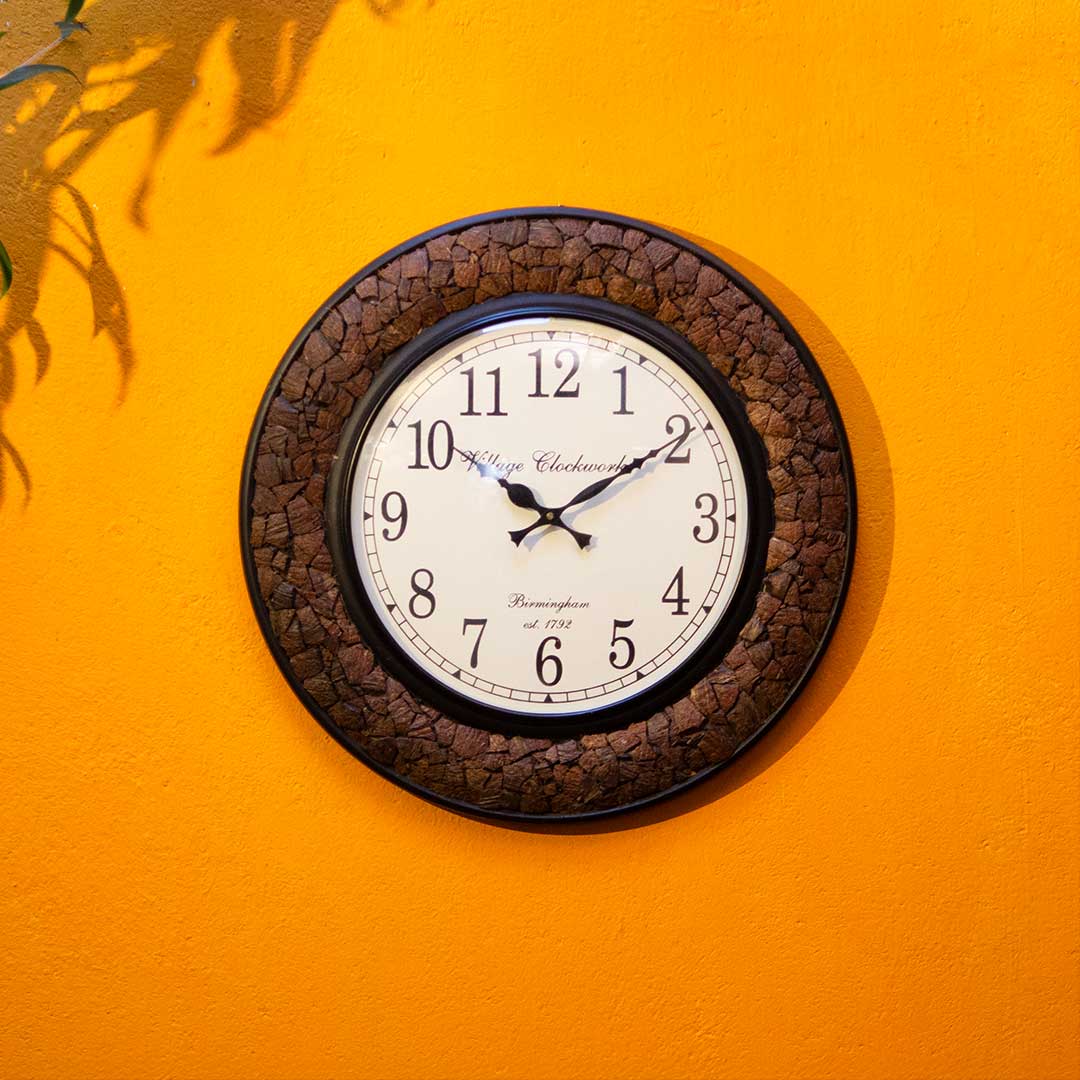 Handcrafted Round Wooden Wall Clock with Coconut Shell Pieces Dia 18 inches Handcrafted Round Wooden Wall Clock with Coconut Shell Pieces Dia 18 inches
